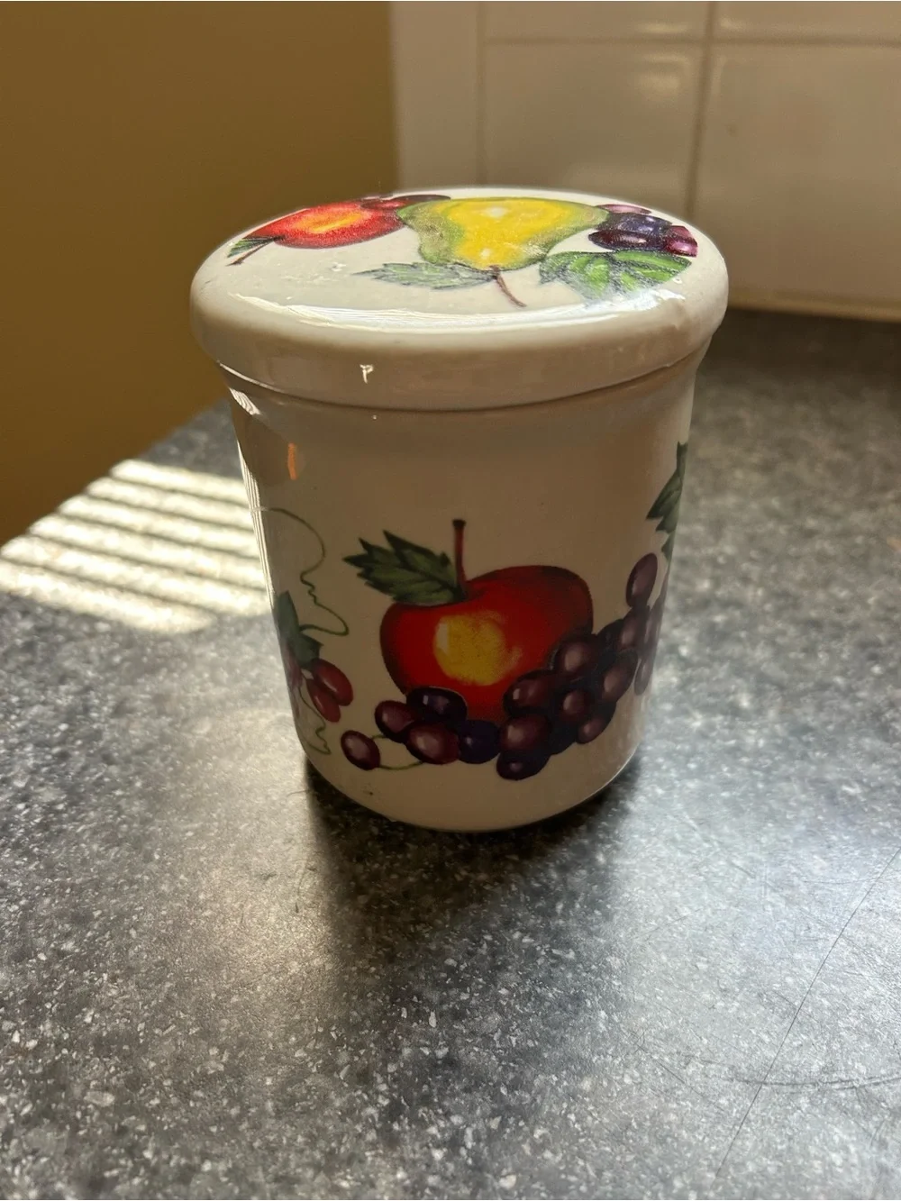 Vintage Ceramic Fruit Canister in White with Red, Yellow and Purple Fruit Motif